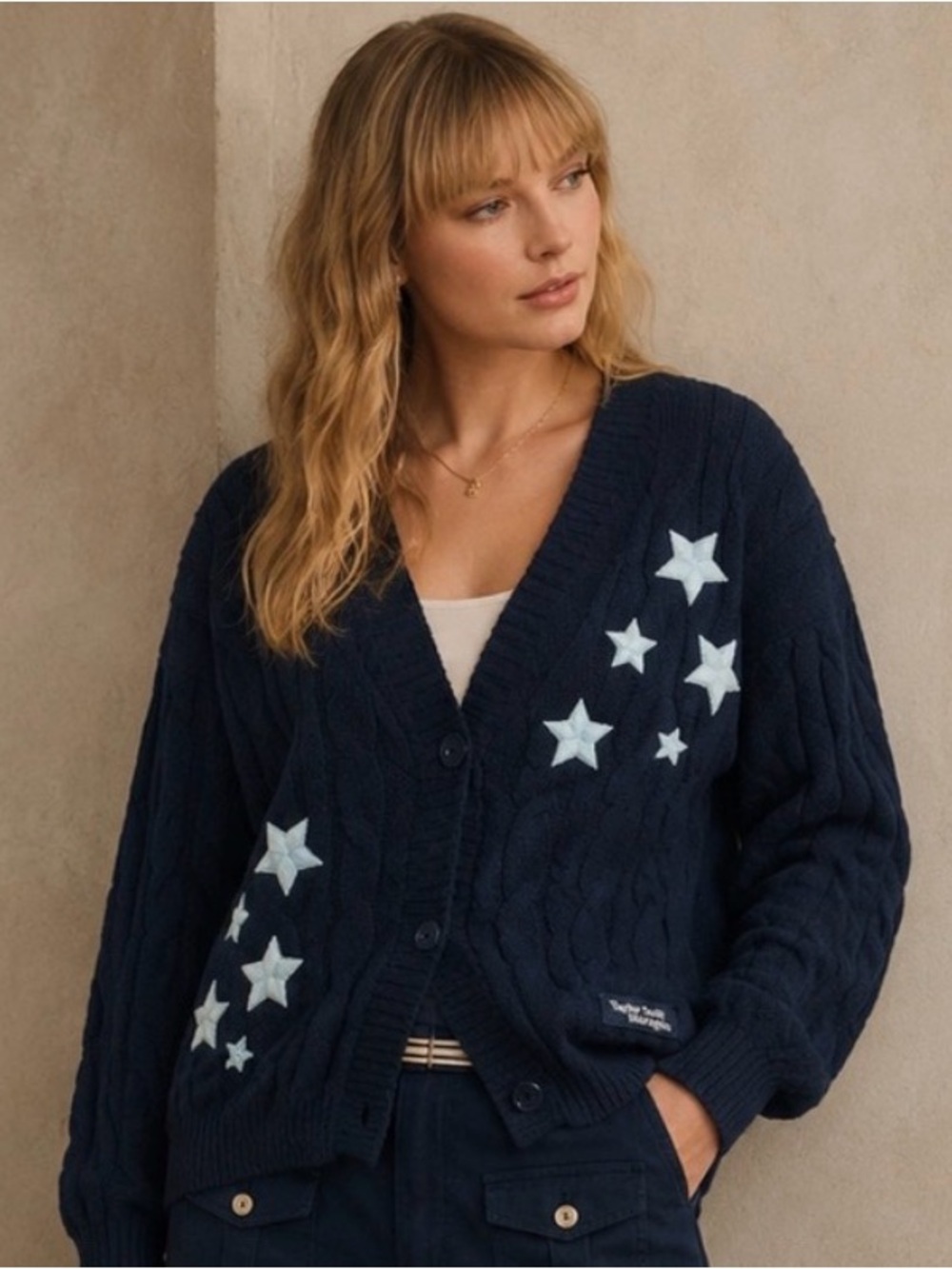 Taylor Swift Midnights Cardigan 
Women's Navy Star Cardigan Md/Lg Cable Knit